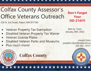 EVENT POSTPONED: Colfax County Assessor's Office Veterans Outreach @ Colfax County Assessor's Office | Raton | New Mexico | United States