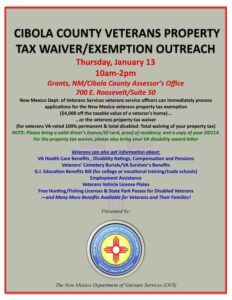 EVENT POSTPONED: Cibola County Veterans Property Tax Wavier/Exemption Outreach @ Cibola County Assessor's Office | Grants | New Mexico | United States