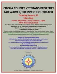 EVENT POSTPONED: Cibola County Veterans Property Tax Wavier/Exemption Outreach @ Cibola County Assessor's Office | Grants | New Mexico | United States