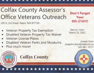 POSTPONED: Colfax County Assessor's Office Veterans Outreach @ Colfax County Assessor's Office | Raton | New Mexico | United States