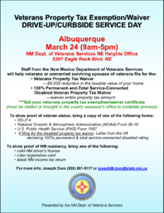 Veterans Property Tax Exemption/Wavier Drive-Up Curbside Service Day @ NMDVS Eagle Rock Office | Albuquerque | New Mexico | United States