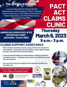 El Paso VA PACT ACT Claims Clinic @ American Legion Post #122 | Anthony | Texas | United States