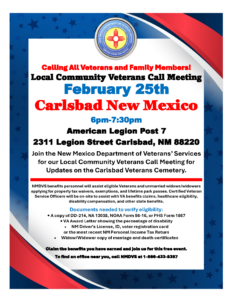 Carlsbad NM Local Community Veterans Call Meeting @ American Legion Post 7